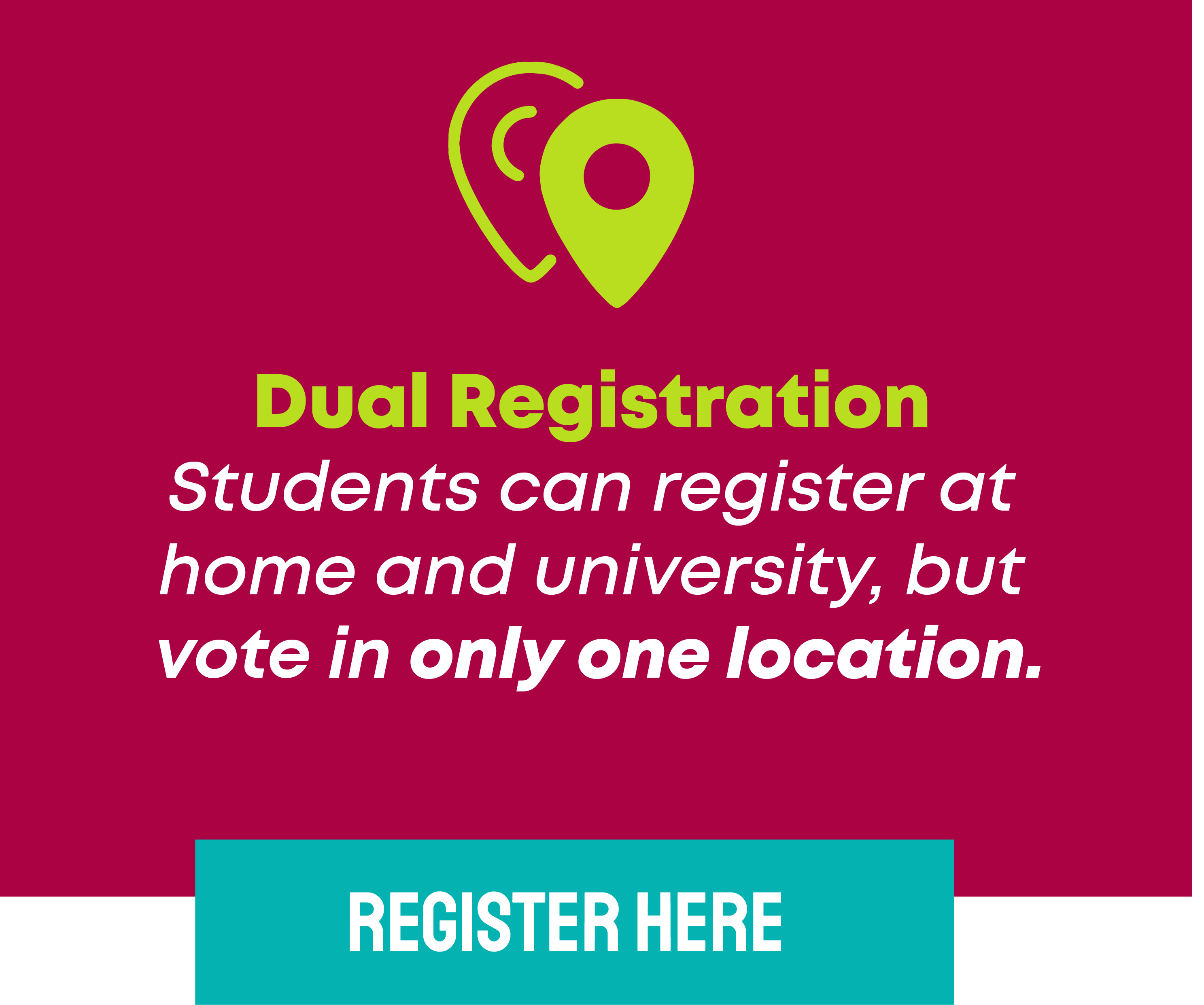 Dual Registration Students can register at  home and university, but  vote in only one location. Click to register.