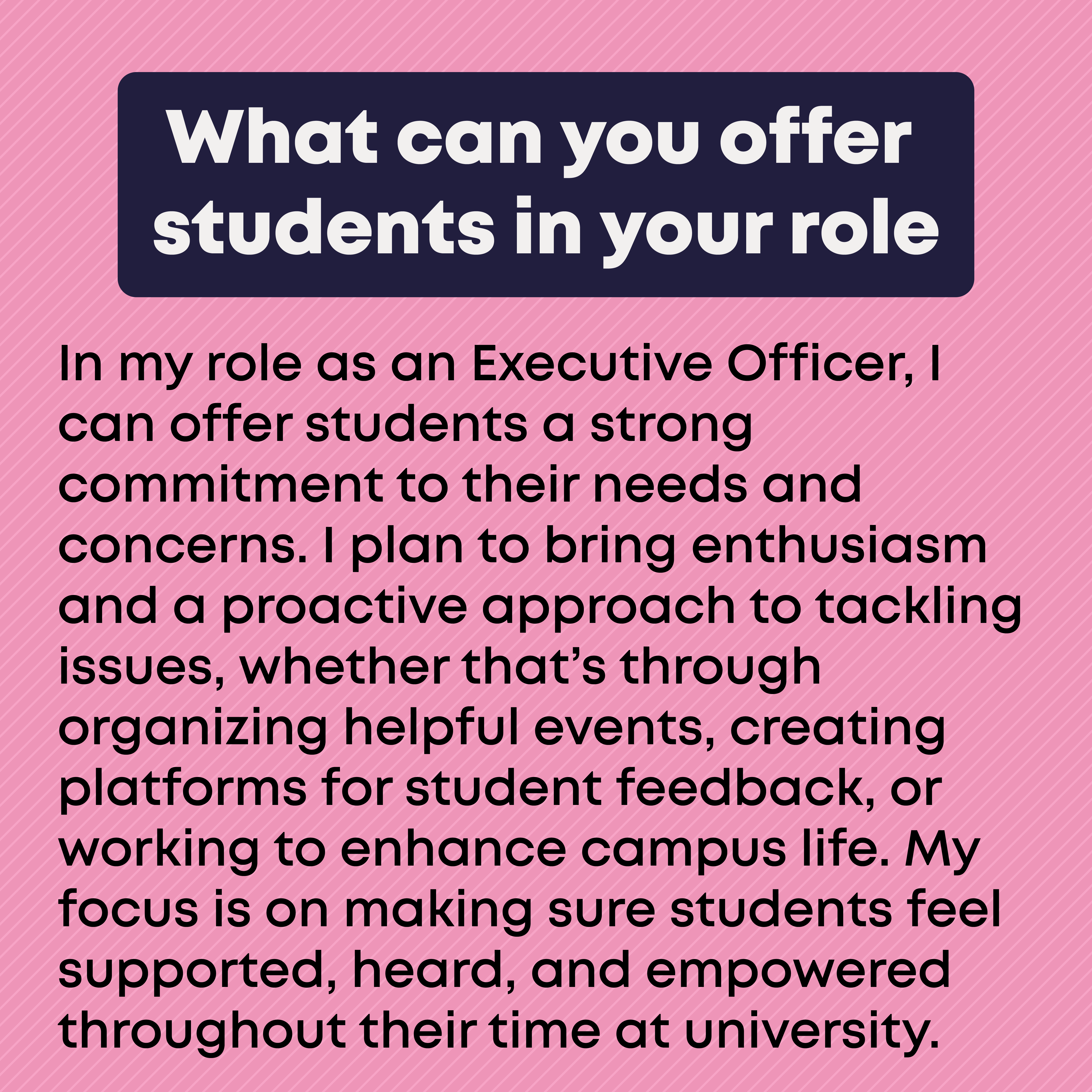 What can you offer students in your role?  In my role as an Executive Office, I can offer students a strong commitment to their needs and concerns. I plan to bring enthusiasm and a proactive approach to tackling issues, whether that's through organising helpful events, creating platforms for student feedback, or working to enhance campus life. My focus is on making sure students feel supported, heard, and empowered throughout their time at university.